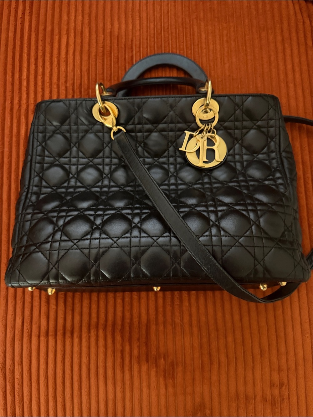 AUTHENTIC Dior Black Quilted Leather Lady Dior Satchel with Gold Hardware